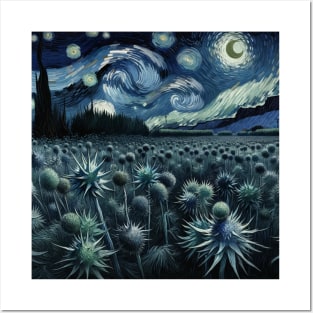 Enchanted Flower Garden Night: Sea Holly Starry Floral Posters and Art